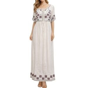 Piper & Scoot Maxi Dress Cream Embroidered Floral Cottage Folk Boho Modest Large